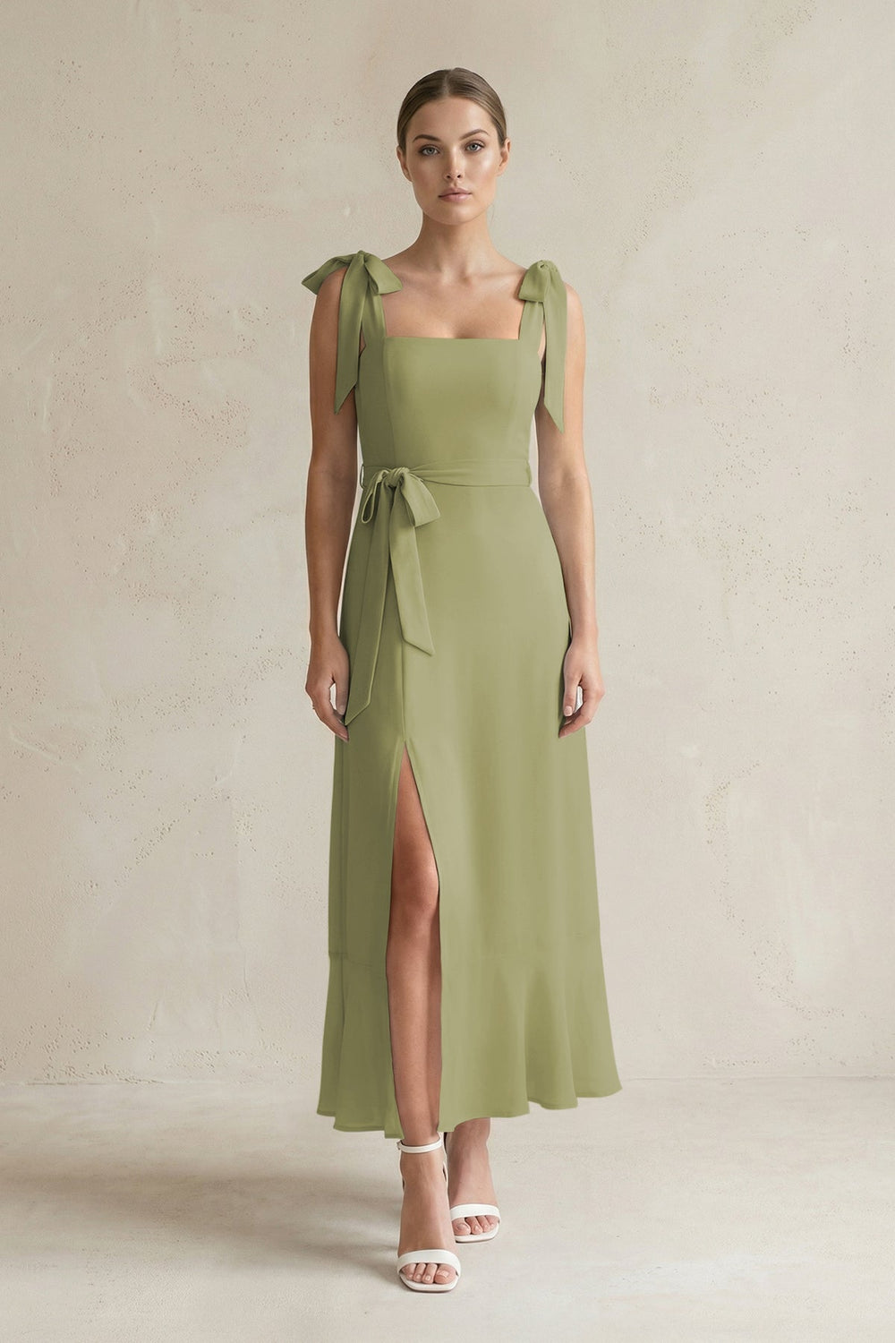 Square Neck A - Line Chiffon Midi Bridesmaid Dress with Bow in Moss Green - KISS BRIDAL Bridesmaid Dresses