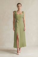 Square Neck A - Line Chiffon Midi Bridesmaid Dress with Bow in Moss Green - SHE IS ME Bridesmaid Dresses