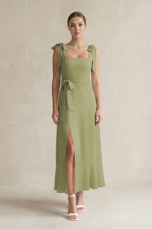 Square Neck A - Line Chiffon Midi Bridesmaid Dress with Bow in Moss Green - SHE IS ME Bridesmaid Dresses