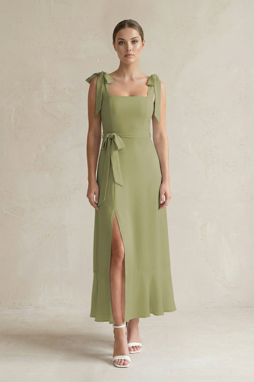 Square Neck A - Line Chiffon Midi Bridesmaid Dress with Bow in Moss Green - SHE IS ME Bridesmaid Dresses