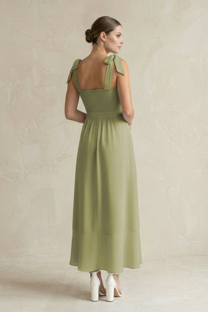 Square Neck A - Line Chiffon Midi Bridesmaid Dress with Bow in Moss Green - SHE IS ME Bridesmaid Dresses