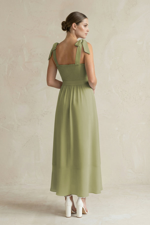 Square Neck A - Line Chiffon Midi Bridesmaid Dress with Bow in Moss Green - SHE IS ME Bridesmaid Dresses
