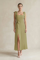 Square Neck A-Line Chiffon Midi Bridesmaid Dress with Bow in Moss Green | KISSBRIDAL
