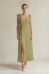 Square Neck A-Line Chiffon Midi Bridesmaid Dress with Bow in Moss Green | KISSBRIDAL