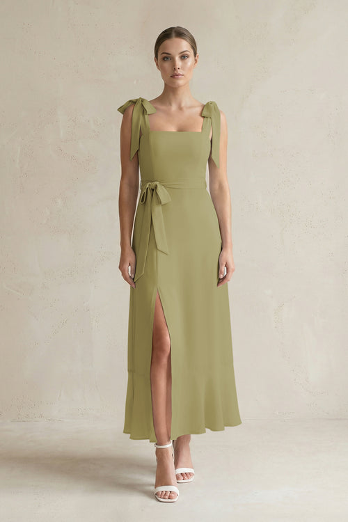 Square Neck A-Line Chiffon Midi Bridesmaid Dress with Bow in Moss Green | KISSBRIDAL
