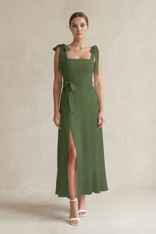 Square Neck A-Line Chiffon Midi Bridesmaid Dress with Bow in Moss | KISSBRIDAL