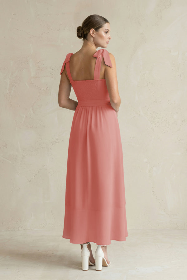 Square Neck A-Line Chiffon Midi Bridesmaid Dress with Bow in Mulberry (2) | KISSBRIDAL