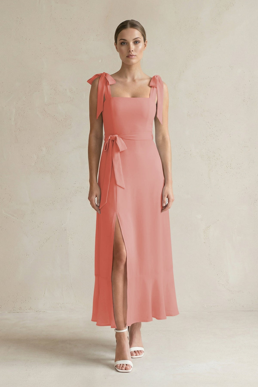 Square Neck A - Line Chiffon Midi Bridesmaid Dress with Bow in Mulberry - KISS BRIDAL Bridesmaid Dresses
