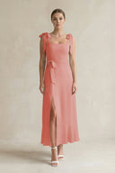 Square Neck A - Line Chiffon Midi Bridesmaid Dress with Bow in Mulberry - SHE IS ME Bridesmaid Dresses
