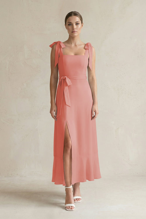 Square Neck A - Line Chiffon Midi Bridesmaid Dress with Bow in Mulberry - SHE IS ME Bridesmaid Dresses