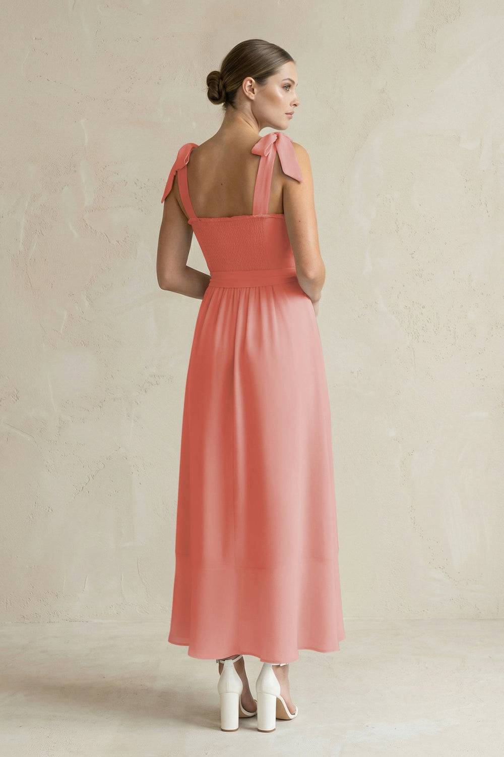 Square Neck A - Line Chiffon Midi Bridesmaid Dress with Bow in Mulberry - KISS BRIDAL Bridesmaid Dresses
