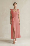 Square Neck A-Line Chiffon Midi Bridesmaid Dress with Bow in Mulberry | KISSBRIDAL