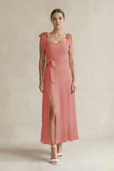 Square Neck A-Line Chiffon Midi Bridesmaid Dress with Bow in Mulberry | KISSBRIDAL