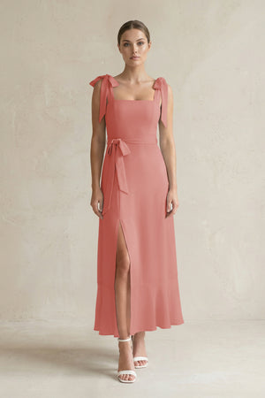 Square Neck A-Line Chiffon Midi Bridesmaid Dress with Bow in Mulberry | KISSBRIDAL