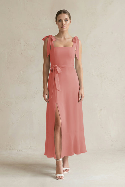 Square Neck A-Line Chiffon Midi Bridesmaid Dress with Bow in Mulberry | KISSBRIDAL