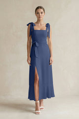 Square Neck A - Line Chiffon Midi Bridesmaid Dress with Bow in Navy - KISS BRIDAL Bridesmaid Dresses