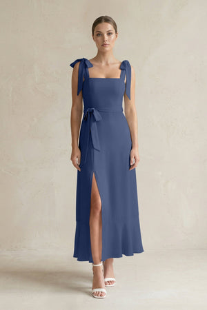 Square Neck A - Line Chiffon Midi Bridesmaid Dress with Bow in Navy - SHE IS ME Bridesmaid Dresses
