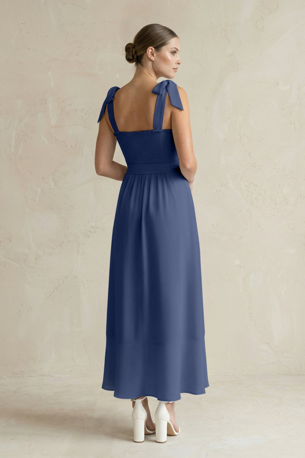 Square Neck A - Line Chiffon Midi Bridesmaid Dress with Bow in Navy - SHE IS ME Bridesmaid Dresses