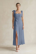 Square Neck A - Line Chiffon Midi Bridesmaid Dress with Bow in Neptune - SHE IS ME Bridesmaid Dresses
