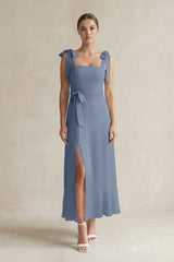 Square Neck A - Line Chiffon Midi Bridesmaid Dress with Bow in Neptune - KISS BRIDAL Bridesmaid Dresses