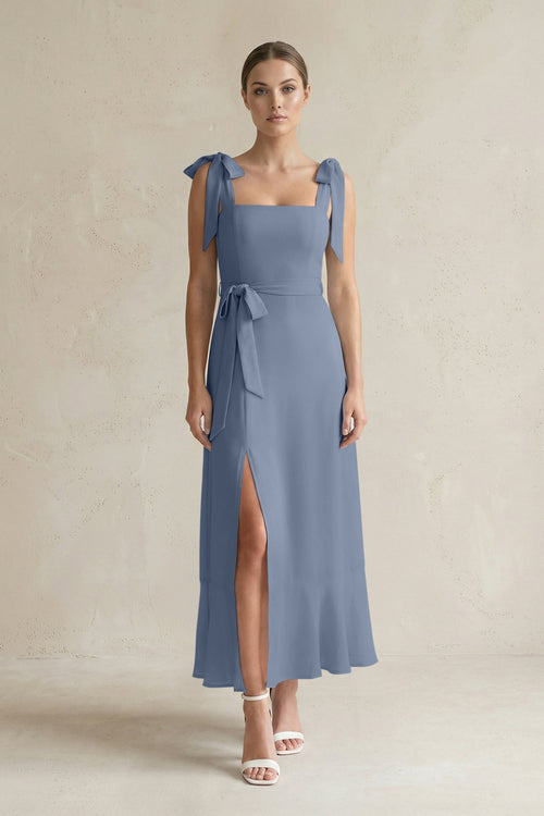 Square Neck A - Line Chiffon Midi Bridesmaid Dress with Bow in Neptune - SHE IS ME Bridesmaid Dresses