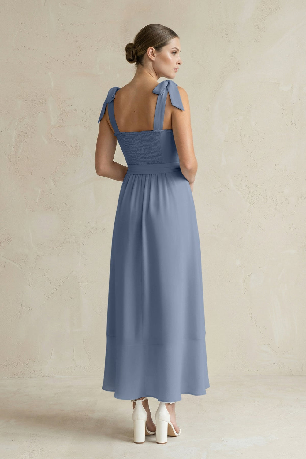 Square Neck A - Line Chiffon Midi Bridesmaid Dress with Bow in Neptune - SHE IS ME Bridesmaid Dresses