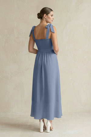 Square Neck A - Line Chiffon Midi Bridesmaid Dress with Bow in Neptune - SHE IS ME Bridesmaid Dresses