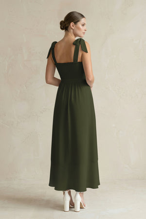 Square Neck A-Line Chiffon Midi Bridesmaid Dress with Bow in Olive (2) | KISSBRIDAL
