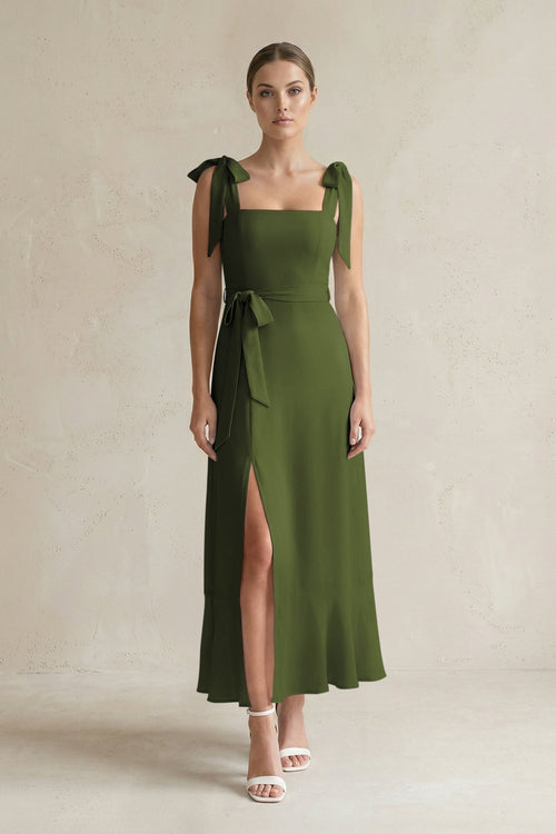 Square Neck A - Line Chiffon Midi Bridesmaid Dress with Bow in Olive - SHE IS ME Bridesmaid Dresses