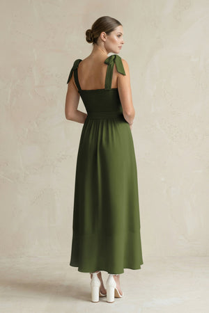 Square Neck A - Line Chiffon Midi Bridesmaid Dress with Bow in Olive - SHE IS ME Bridesmaid Dresses