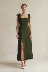 Square Neck A-Line Chiffon Midi Bridesmaid Dress with Bow in Olive | KISSBRIDAL