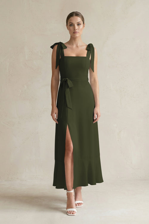 Square Neck A-Line Chiffon Midi Bridesmaid Dress with Bow in Olive | KISSBRIDAL