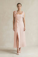 Square Neck A - Line Chiffon Midi Bridesmaid Dress with Bow in Pale Blush - SHE IS ME Bridesmaid Dresses