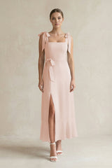 Square Neck A - Line Chiffon Midi Bridesmaid Dress with Bow in Pale Blush - KISS BRIDAL Bridesmaid Dresses