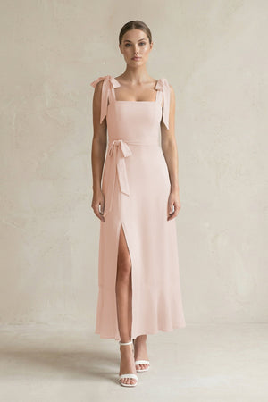 Square Neck A - Line Chiffon Midi Bridesmaid Dress with Bow in Pale Blush - SHE IS ME Bridesmaid Dresses