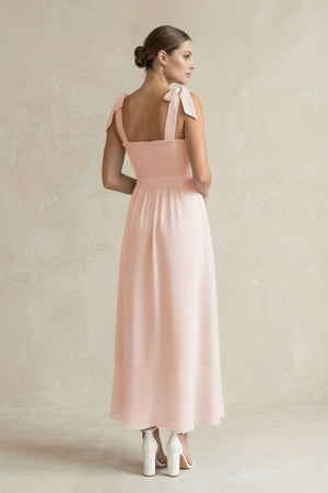 Square Neck A - Line Chiffon Midi Bridesmaid Dress with Bow in Pale Blush - SHE IS ME Bridesmaid Dresses