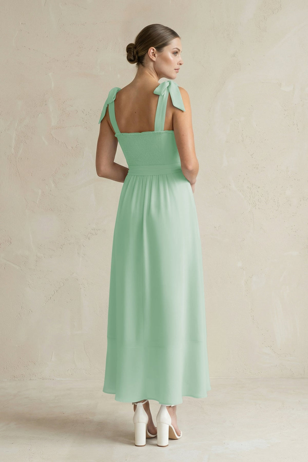 Square Neck A - Line Chiffon Midi Bridesmaid Dress with Bow in Pale Pistachio - KISS BRIDAL Bridesmaid Dresses