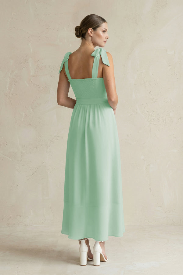 Square Neck A - Line Chiffon Midi Bridesmaid Dress with Bow in Pale Pistachio - SHE IS ME Bridesmaid Dresses