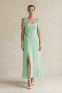 Square Neck A - Line Chiffon Midi Bridesmaid Dress with Bow in Pale Pistachio - SHE IS ME Bridesmaid Dresses