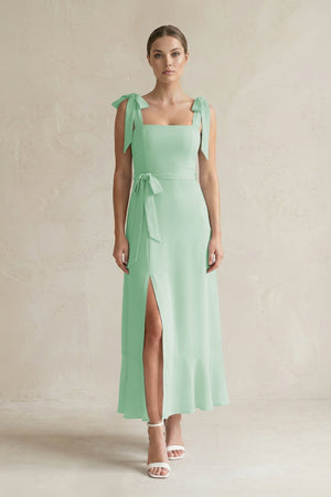 Square Neck A - Line Chiffon Midi Bridesmaid Dress with Bow in Pale Pistachio - SHE IS ME Bridesmaid Dresses