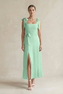 Square Neck A-Line Chiffon Midi Bridesmaid Dress with Bow in Pale Pistachio | KISSBRIDAL