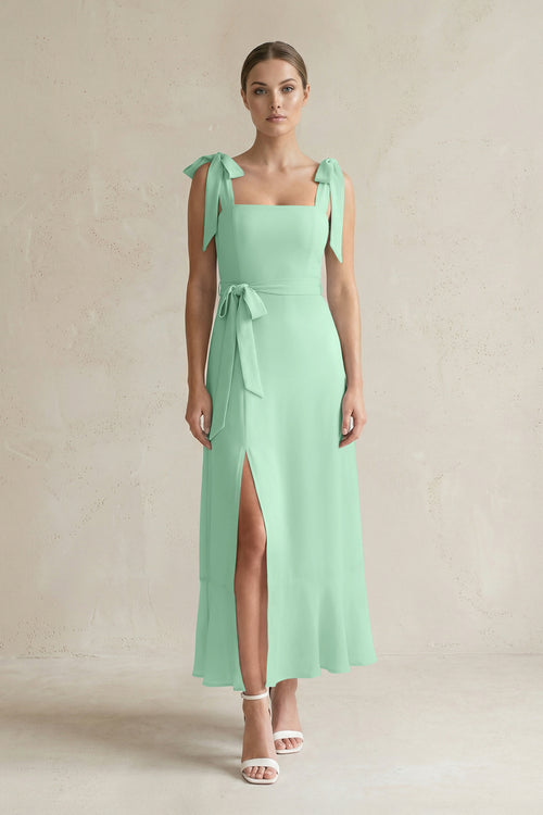 Square Neck A-Line Chiffon Midi Bridesmaid Dress with Bow in Pale Pistachio | KISSBRIDAL