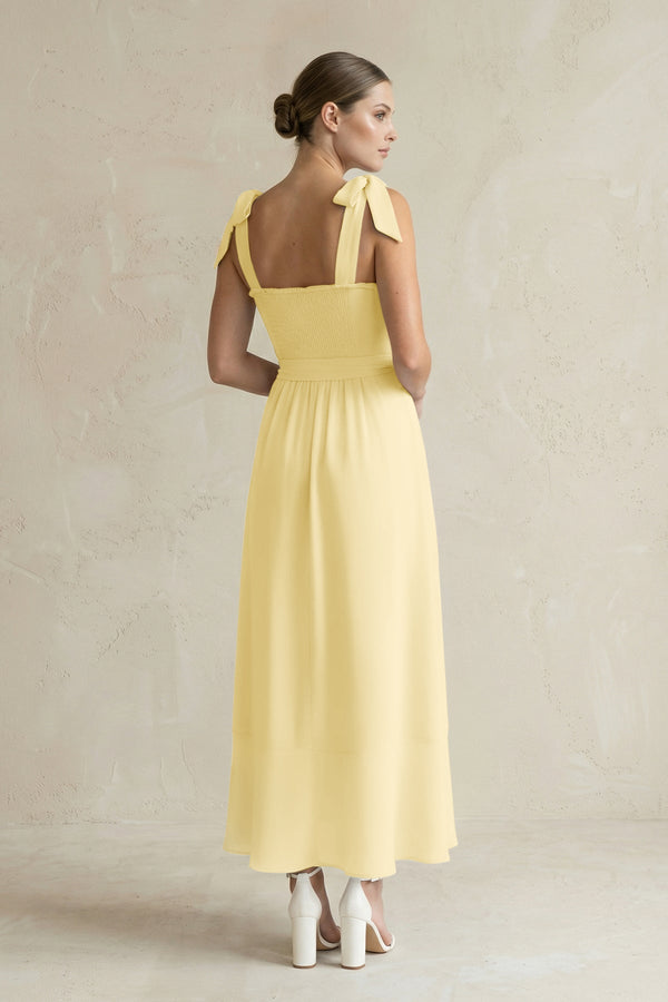 Square Neck A - Line Chiffon Midi Bridesmaid Dress with Bow in Pastel Yellow - SHE IS ME Bridesmaid Dresses