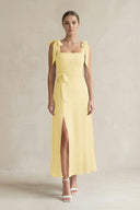 Square Neck A - Line Chiffon Midi Bridesmaid Dress with Bow in Pastel Yellow - SHE IS ME Bridesmaid Dresses
