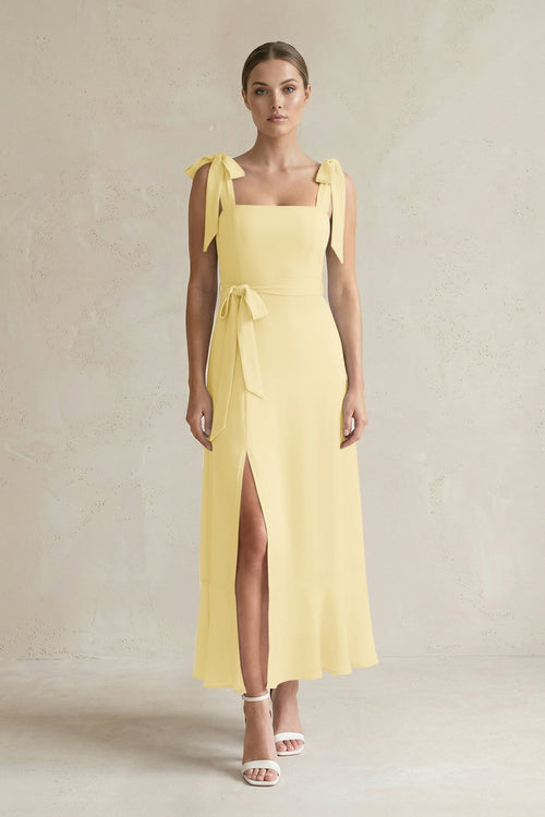 Square Neck A - Line Chiffon Midi Bridesmaid Dress with Bow in Pastel Yellow - SHE IS ME Bridesmaid Dresses