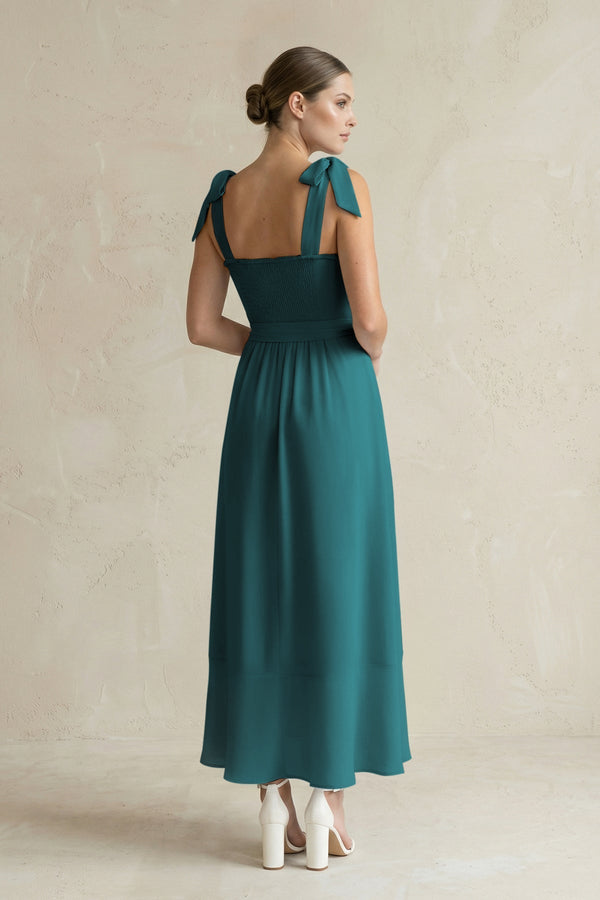 Square Neck A - Line Chiffon Midi Bridesmaid Dress with Bow in Pine - SHE IS ME Bridesmaid Dresses