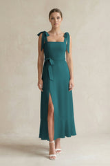 Square Neck A - Line Chiffon Midi Bridesmaid Dress with Bow in Pine - KISS BRIDAL Bridesmaid Dresses