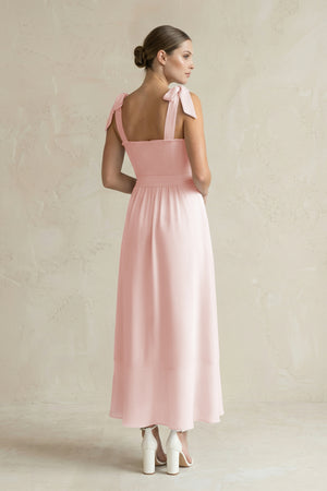 Square Neck A-Line Chiffon Midi Bridesmaid Dress with Bow in Rose Petal (2) | KISSBRIDAL