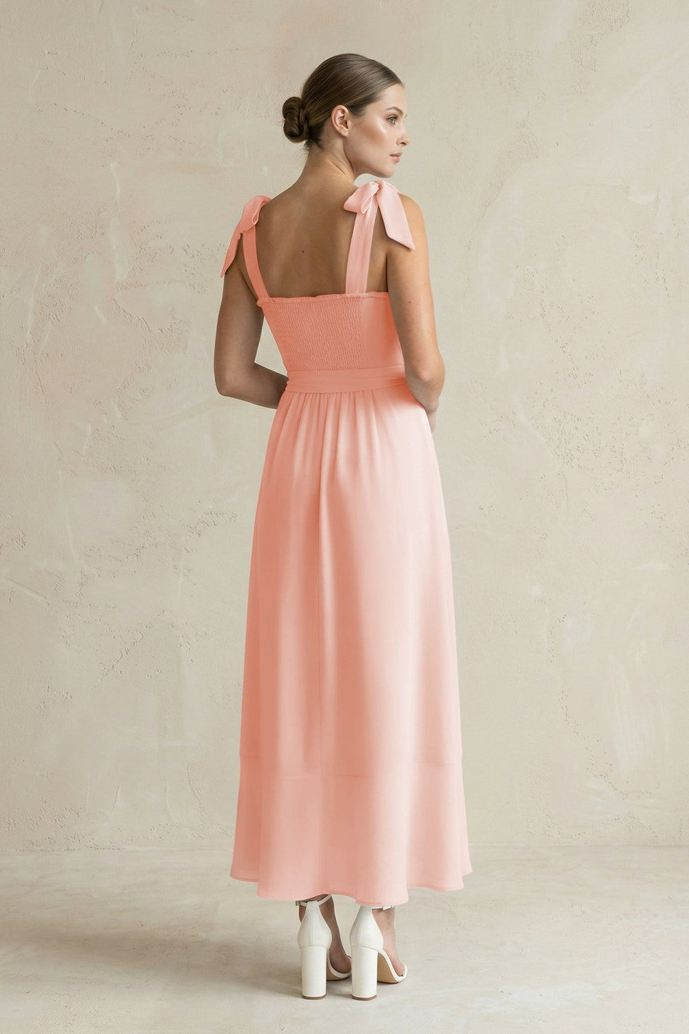 Square Neck A - Line Chiffon Midi Bridesmaid Dress with Bow in Rose Petal - KISS BRIDAL Bridesmaid Dresses