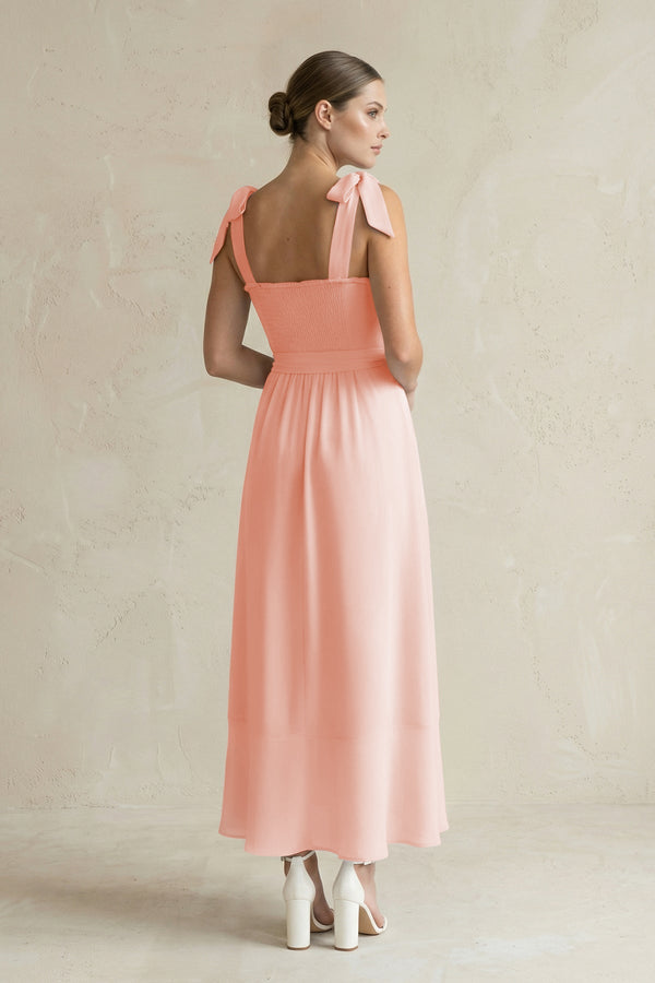 Square Neck A - Line Chiffon Midi Bridesmaid Dress with Bow in Rose Petal - SHE IS ME Bridesmaid Dresses